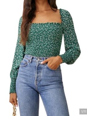 Reformation Green Floral Smocked Puff Sleeve Women's Top